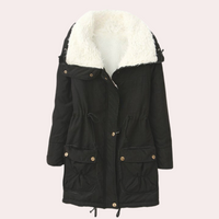 Schwarzer Damenparka mit Kapuze, weißem Futter, Taschen, Winterjacke, warm, modisch.