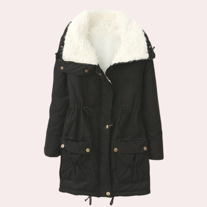 Schwarzer Damenparka mit Kapuze, weißem Futter, Taschen, Winterjacke, warm, modisch.