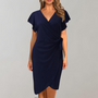 Damen Sommerkleid, dunkelblau, V-Ausschnitt, Wickeloptik, kurzärmelig, elegant.