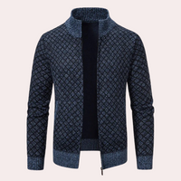 Dunkelblauer Strickjacke mit Reißverschluss, geometrisches Muster, Herrenmode, Winterkleidung.