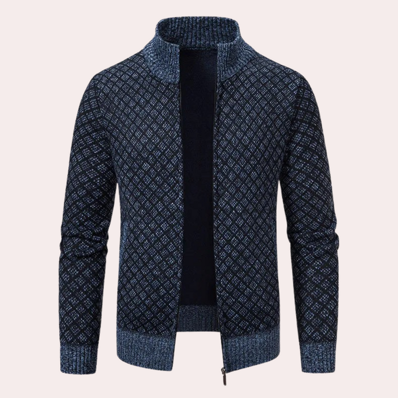 Dunkelblauer Strickjacke mit Reißverschluss, geometrisches Muster, Herrenmode, Winterkleidung.