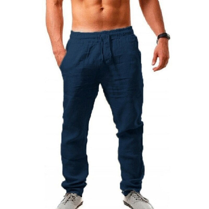 Dunkelblaue Herren-Leinenhose, Sommermode, elastischer Bund, lässiger Stil.