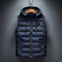 Dunkelblaue Steppweste mit Kapuze, Reißverschluss, Herrenmode, Winterbekleidung, warm.
