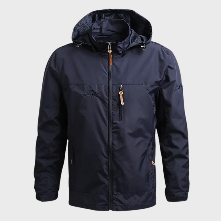 Dunkelblaue Herrenjacke mit Kapuze, Reißverschluss, wasserabweisend, Outdoor-Bekleidung.