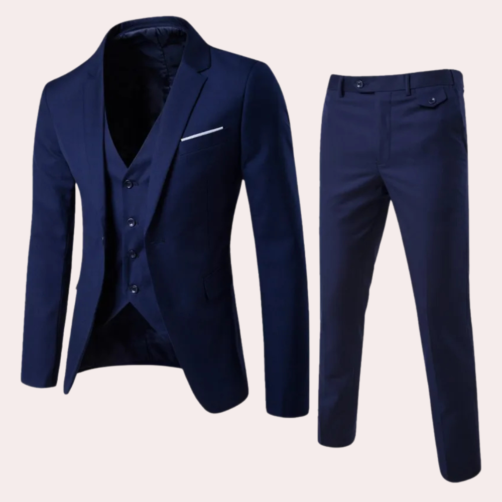 Dunkelblauer Herrenanzug, dreiteilig, elegant, Slim Fit, für formelle Anlässe.