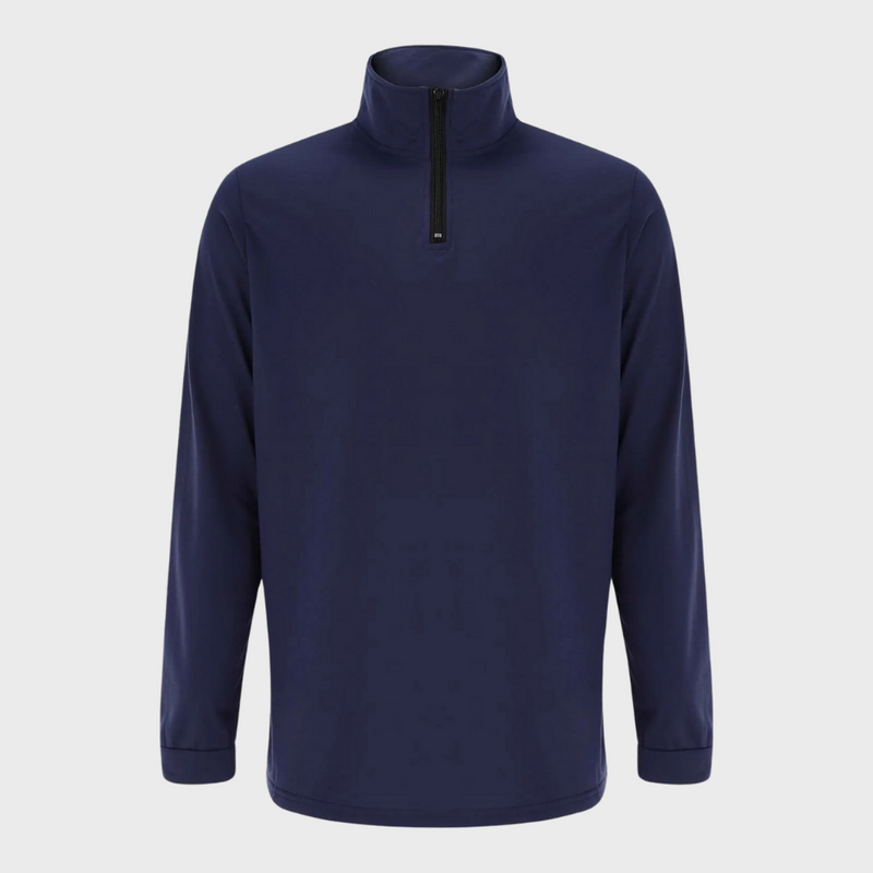 Dunkelblauer Herrenpullover mit Reißverschluss, langärmelig, aus Baumwolle, modisch und bequem.