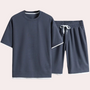 Dunkelblauer Herren-Pyjama-Set, Kurzarmshirt und Shorts, Baumwolle, bequem, lässig.