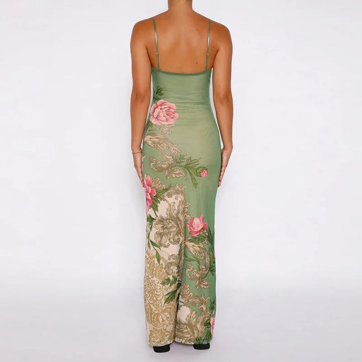 Florales Sommer-Maxikleid mit V-Ausschnitt und Spaghettiträgern - Alina