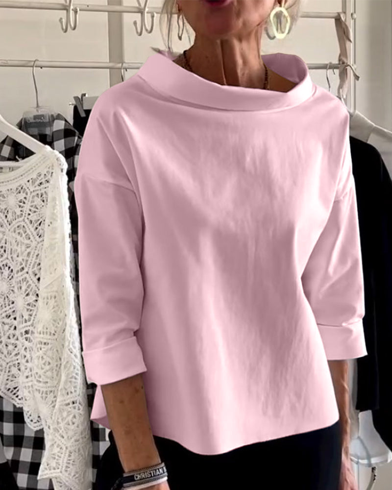 Damen Herbstbluse mit hohem Kragen und 3/4-Ärmeln – Mireille