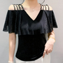 Schwarzes schulterfreies Top mit Glitzer, Perlenverzierung, V-Ausschnitt, Damenmode.
