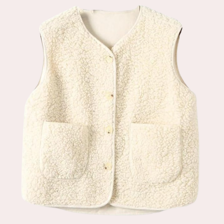 Weiße Damenweste aus Fleece mit Knöpfen und Taschen, ärmellos, modisch, warm.