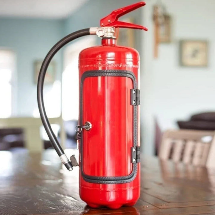 Roter Feuerlöscher mit schwarzem Schlauch auf Holztisch, Sicherheitsausrüstung für Zuhause.