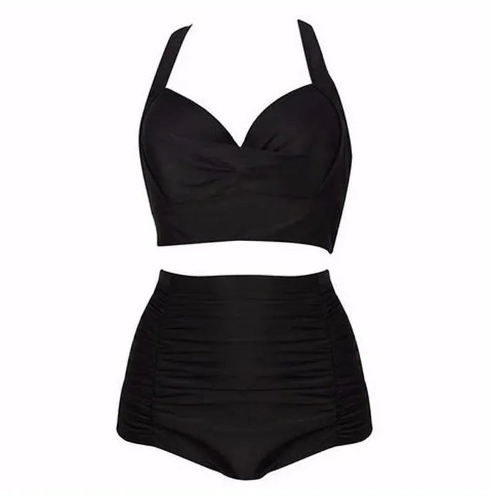 Schwarzes Bikini-Set mit Haltertop und hoher Taille – Alina