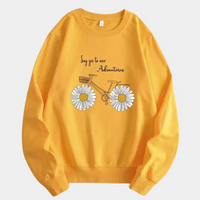 Gelber Damenpullover mit Fahrrad- und Gänseblümchenmotiv, Baumwolle, Freizeitmode.