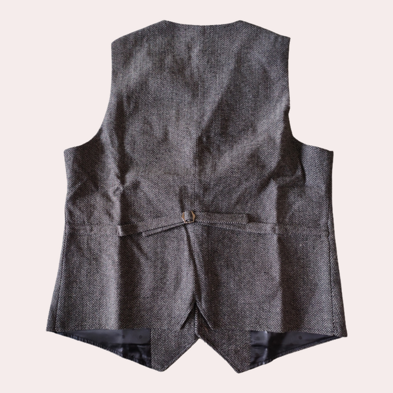Graue Tweed-Weste aus Wolle, Rückansicht, verstellbarer Riegel, Herrenmode, elegant.