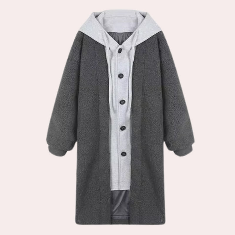 Grauer Damenmantel mit Kapuze, Knöpfen, Fleece, warm, modisch, Winterbekleidung.