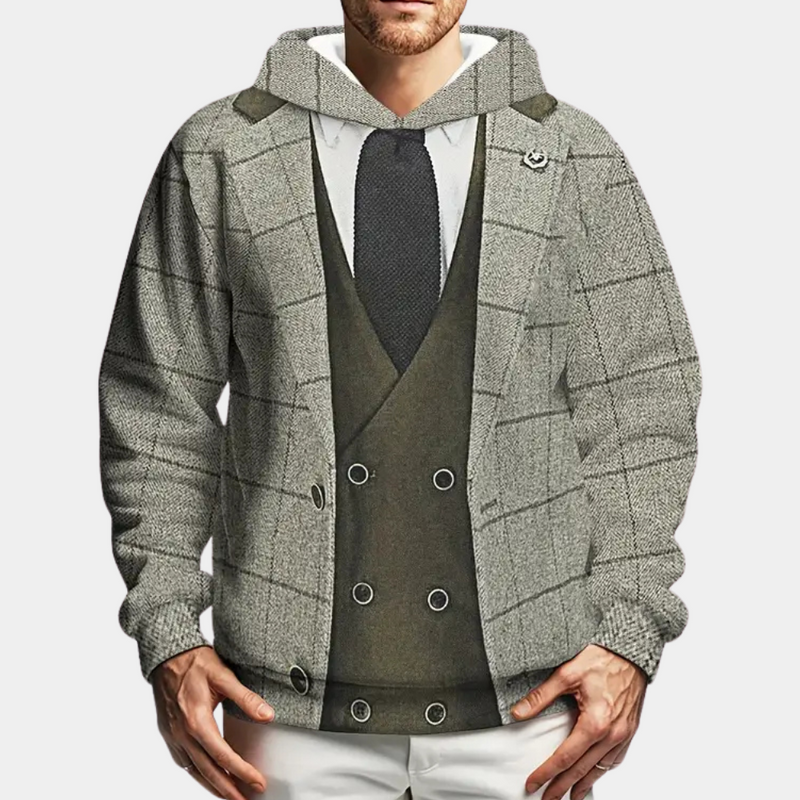 Herren Hoodie mit Anzug-Design, grau kariert, Krawatte, modisch, lässig, Baumwolle.