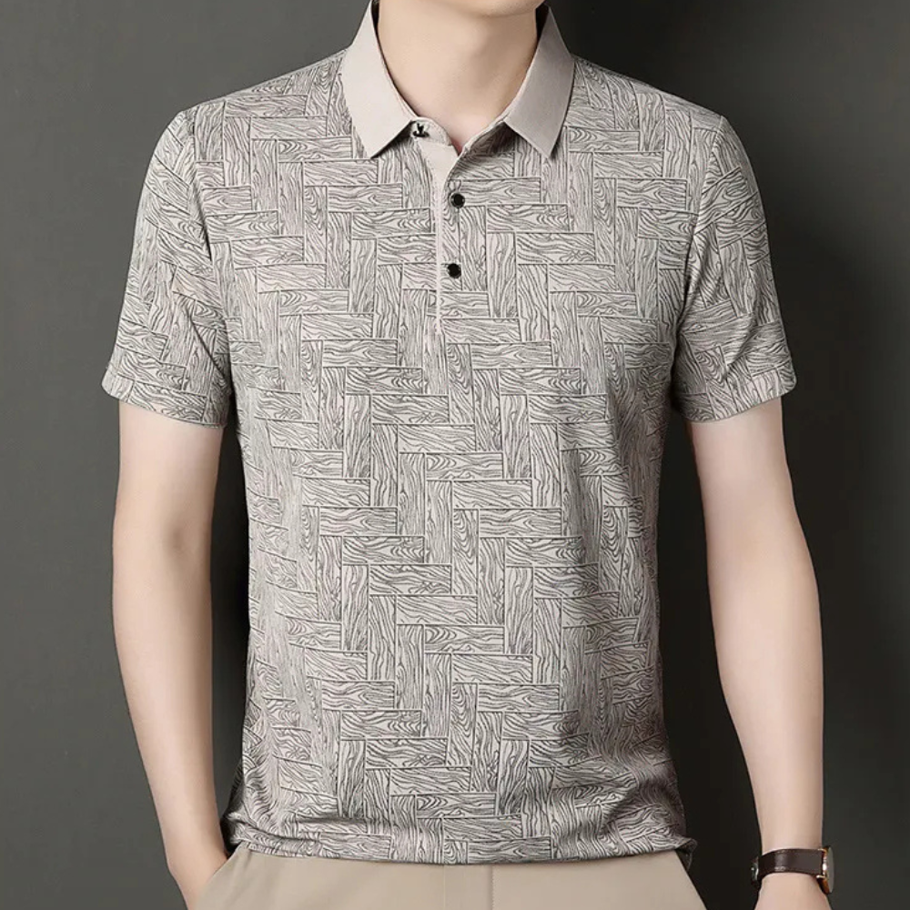 Graues Herren-Poloshirt mit geometrischem Muster, kurzärmelig, Baumwolle, Freizeitmode.