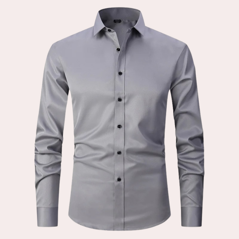 Graues Herrenhemd, langärmelig, Stretch, Knopfleiste, elegantes Design.