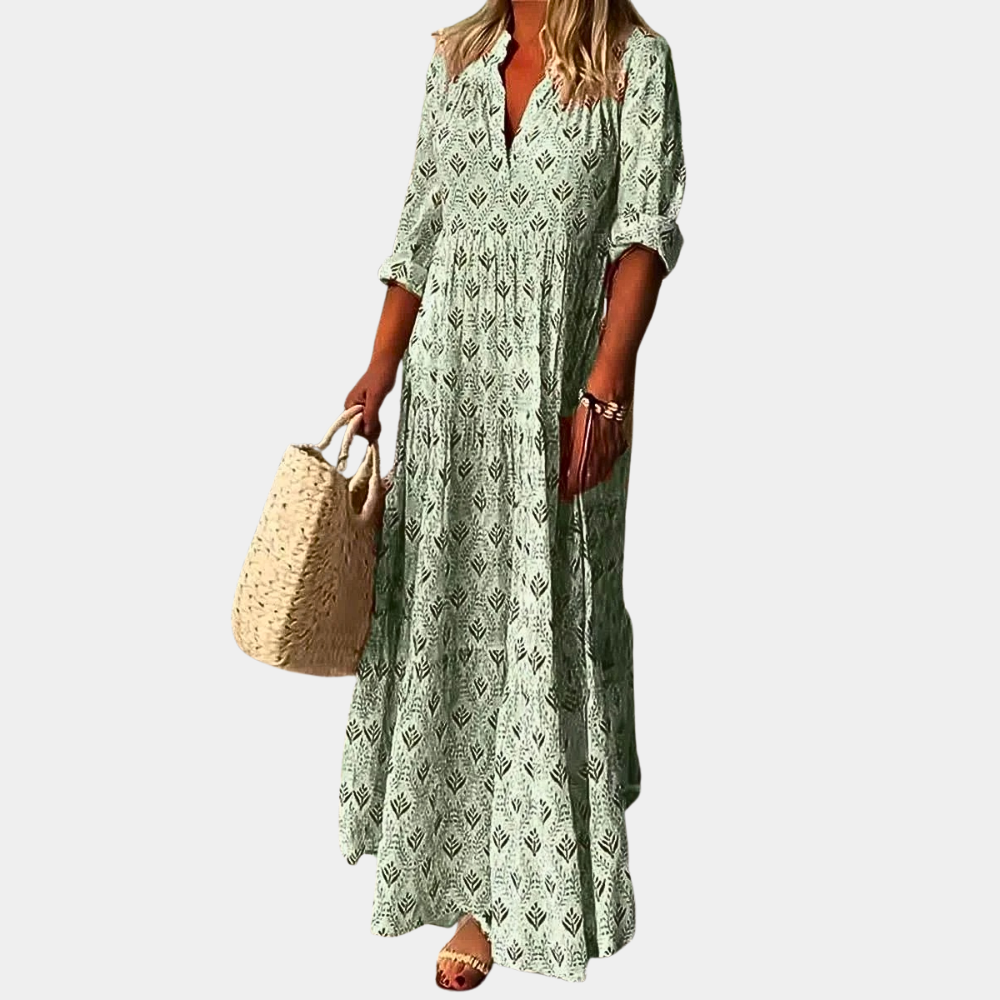 Damen Sommerkleid grün, lang, gemustert, V-Ausschnitt, Freizeitkleidung, Boho-Stil.