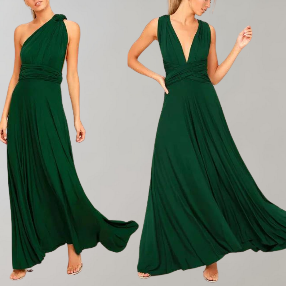 Damen Wickelkleid grün, festlich, ärmellos, bodenlang, ideal für Hochzeit und Feierlichkeiten.