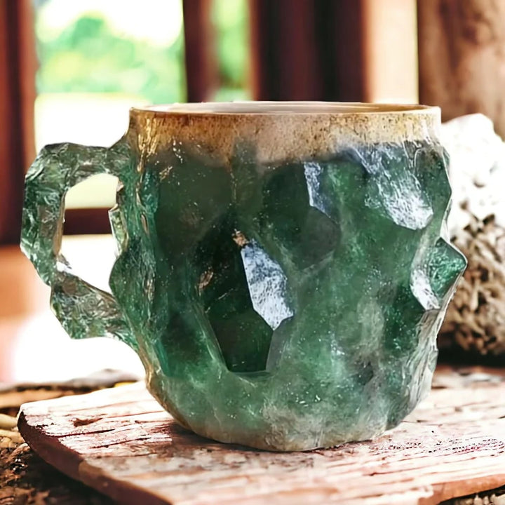 Grüne Kristall-Keramiktasse mit unregelmäßiger Oberfläche auf Holztisch, handgefertigt.