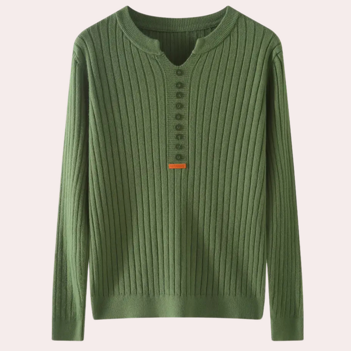 Grüner Strickpullover aus Baumwolle, Langarm, Knopfleiste, geripptes Design, Herrenmode.