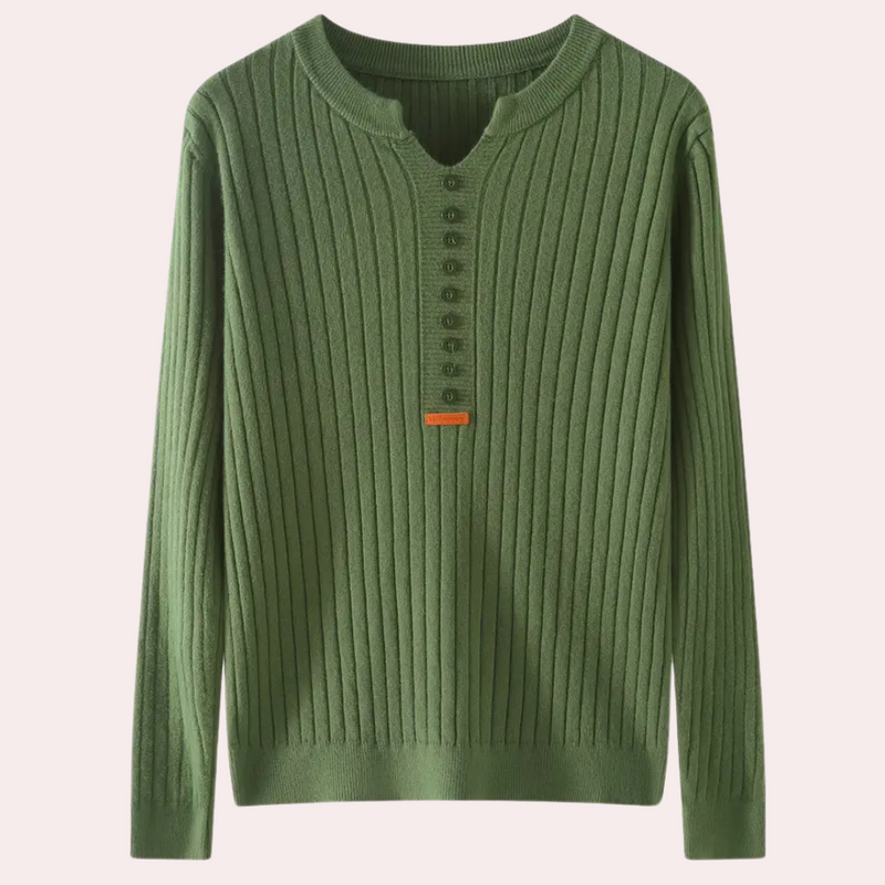 Grüner Strickpullover aus Baumwolle, Langarm, Knopfleiste, geripptes Design, Herrenmode.