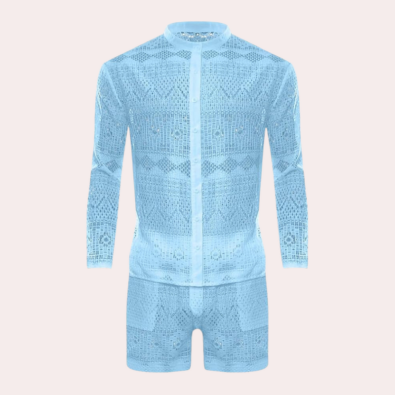 Hellblauer, durchsichtiger Spitzenanzug für Herren, langärmelig, modisch, Sommerkleidung.