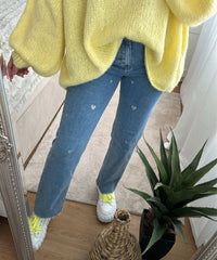 Damen Stretch Jeans mit Weitem Bein und Herzchenprint - Amelie