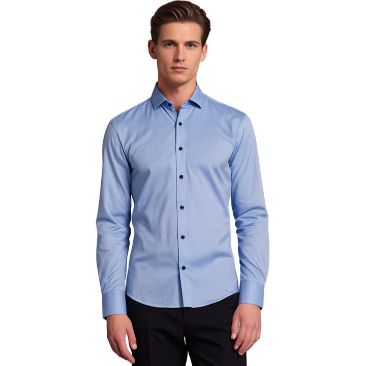 Hellblaues Herrenhemd, langärmelig, Knopfleiste, elegantes Design, Business-Mode.