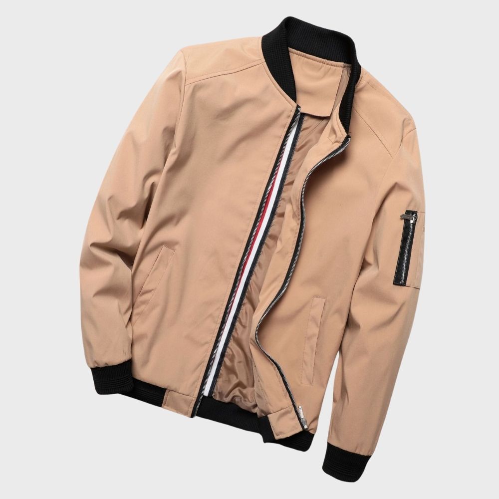 Beige Herren-Bomberjacke, Reißverschluss, schwarze Bündchen, modisch, lässig, Polyester.