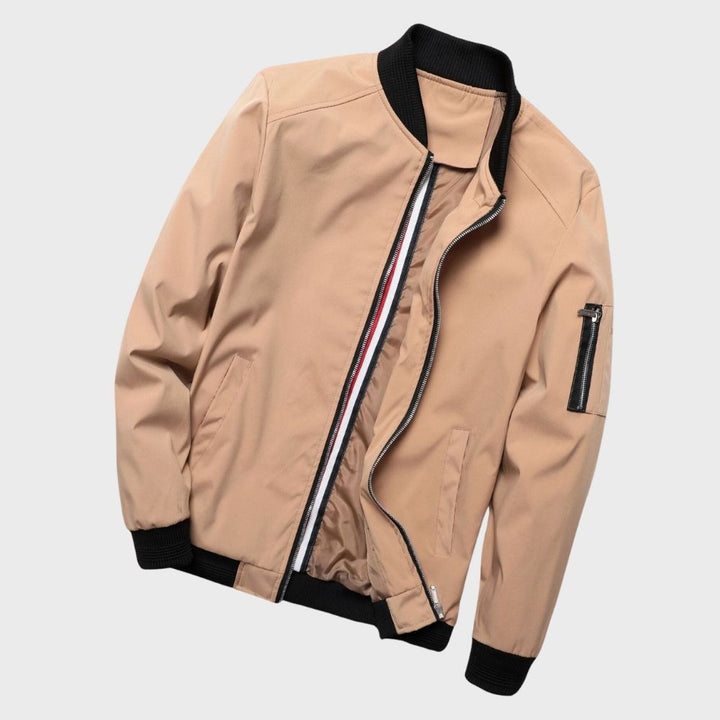 Beige Herren-Bomberjacke, Reißverschluss, schwarze Bündchen, modisch, lässig, Polyester.