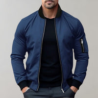 Blauer Herren-Bomberjacke, Reißverschluss, modisch, Freizeitkleidung, langärmelig.