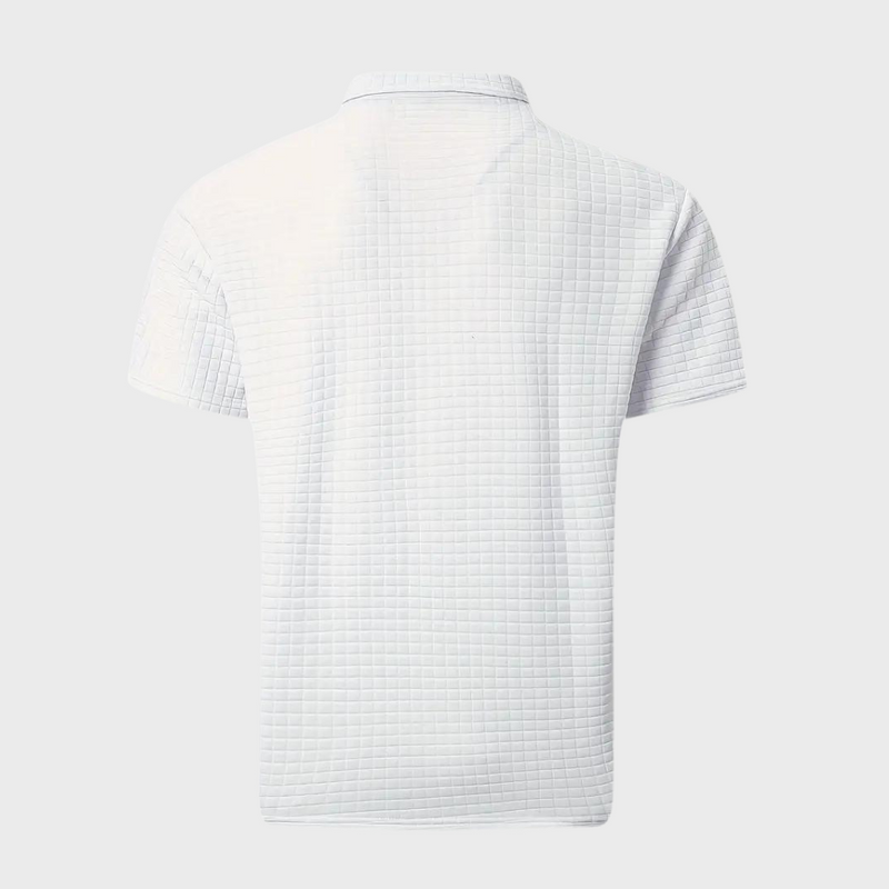 Weißes Herren-Poloshirt aus Baumwolle, kurzärmelig, mit Karomuster, Rückansicht.