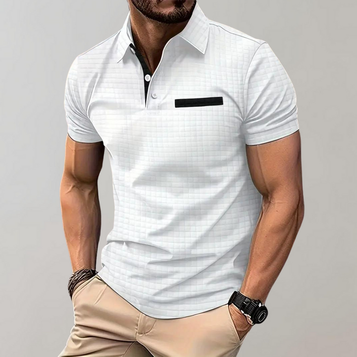 Herren-Poloshirt weiß kariert, Kurzarm, Baumwolle, modisch, Freizeitkleidung, Sommermode.