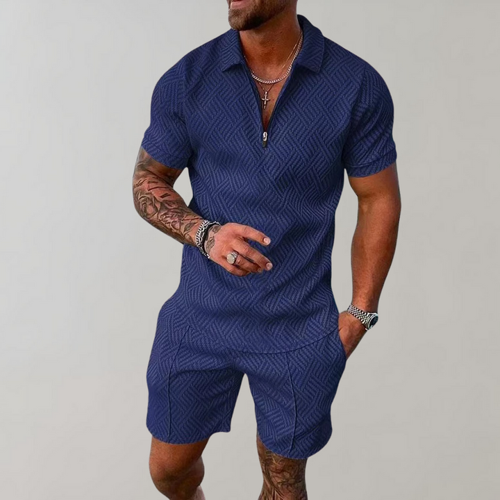 Männer Sommer-Set, dunkelblau, Kurzarm, Reißverschluss, Freizeitmode, Herrenbekleidung.