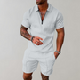 Männer Sommer Set, weiß, kurzärmelig, Reißverschluss, Freizeitanzug, Herrenmode.