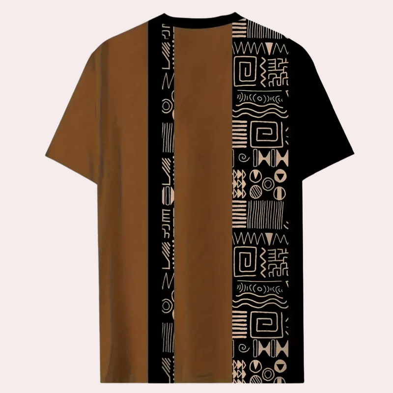 Braunes T-Shirt mit ethnischem Muster, Kurzarm, Baumwolle, Unisex, modisch, bequem.