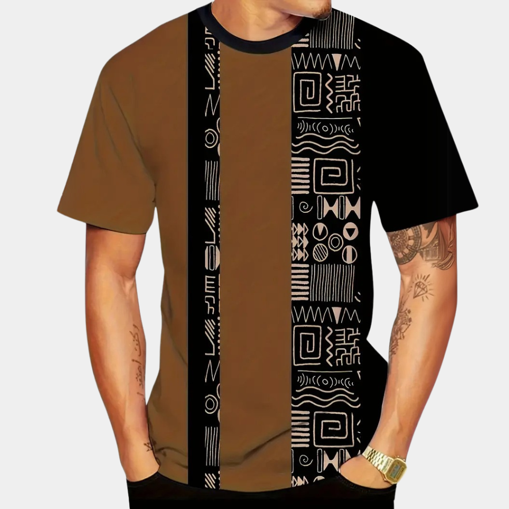 Braunes Herren-T-Shirt mit schwarzem, geometrischem Muster, Kurzarm, Baumwolle.