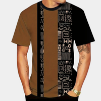 Braunes Herren-T-Shirt mit schwarzem, geometrischem Muster, Kurzarm, Baumwolle.