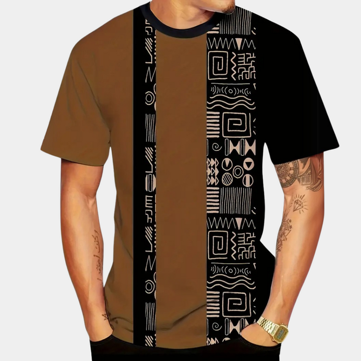 Braunes Herren-T-Shirt mit schwarzem, geometrischem Muster, Kurzarm, Baumwolle.