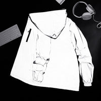 Flatlay der reflektierenden Jacke mit Kapuze und Reißverschlusstasche auf dunklem Untergrund neben Tastatur und Kopfhörern 2