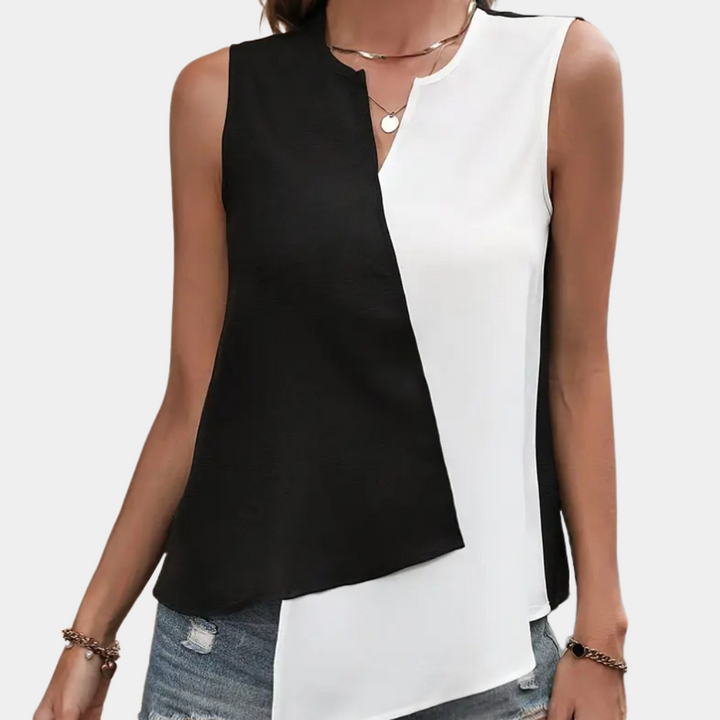 Ärmellose Damenbluse, schwarz-weiß, asymmetrisch, lässig, Sommermode, V-Ausschnitt.