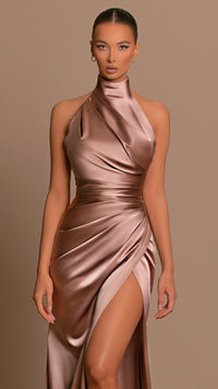 Ärmelloses Satin-Maxikleid mit Kragen - Celeste