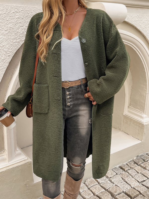 Lang Fleece Damenjacke Mit Knopfverschluss – Elara