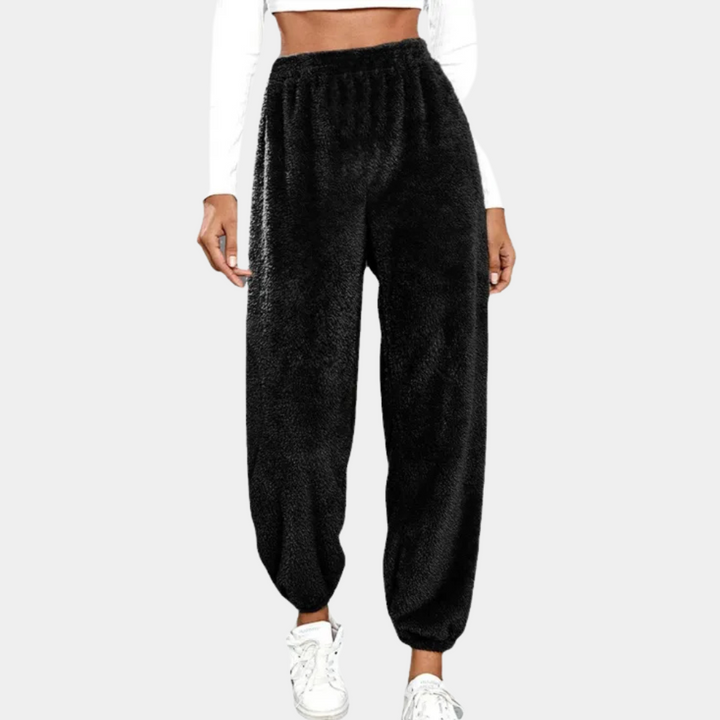 Schwarze Fleece-Jogginghose Damen, bequem, warm, elastischer Bund, Freizeitmode.