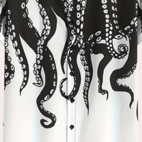 Schwarz-weißes Hemd mit Oktopus-Design, Knopfleiste, Baumwolle, modisch, maritim.