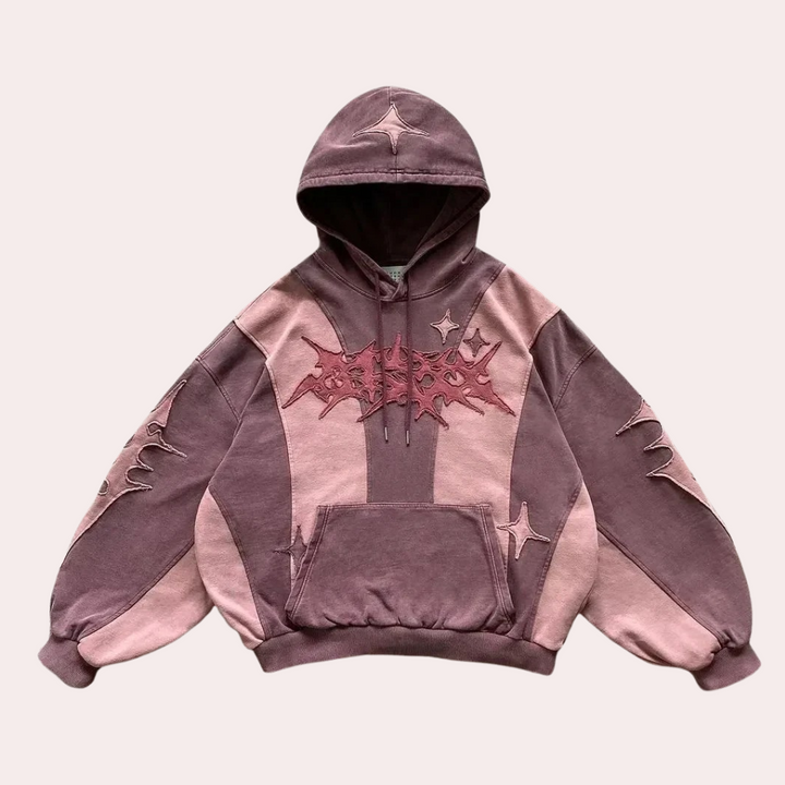 Brauner Kapuzenpullover mit abstraktem Muster, Baumwolle, Unisex, Streetwear, lässiger Stil.