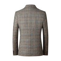 Grauer Herrenblazer mit Karomuster, aus Wolle, Rückansicht, modisch, elegant, Freizeitkleidung.